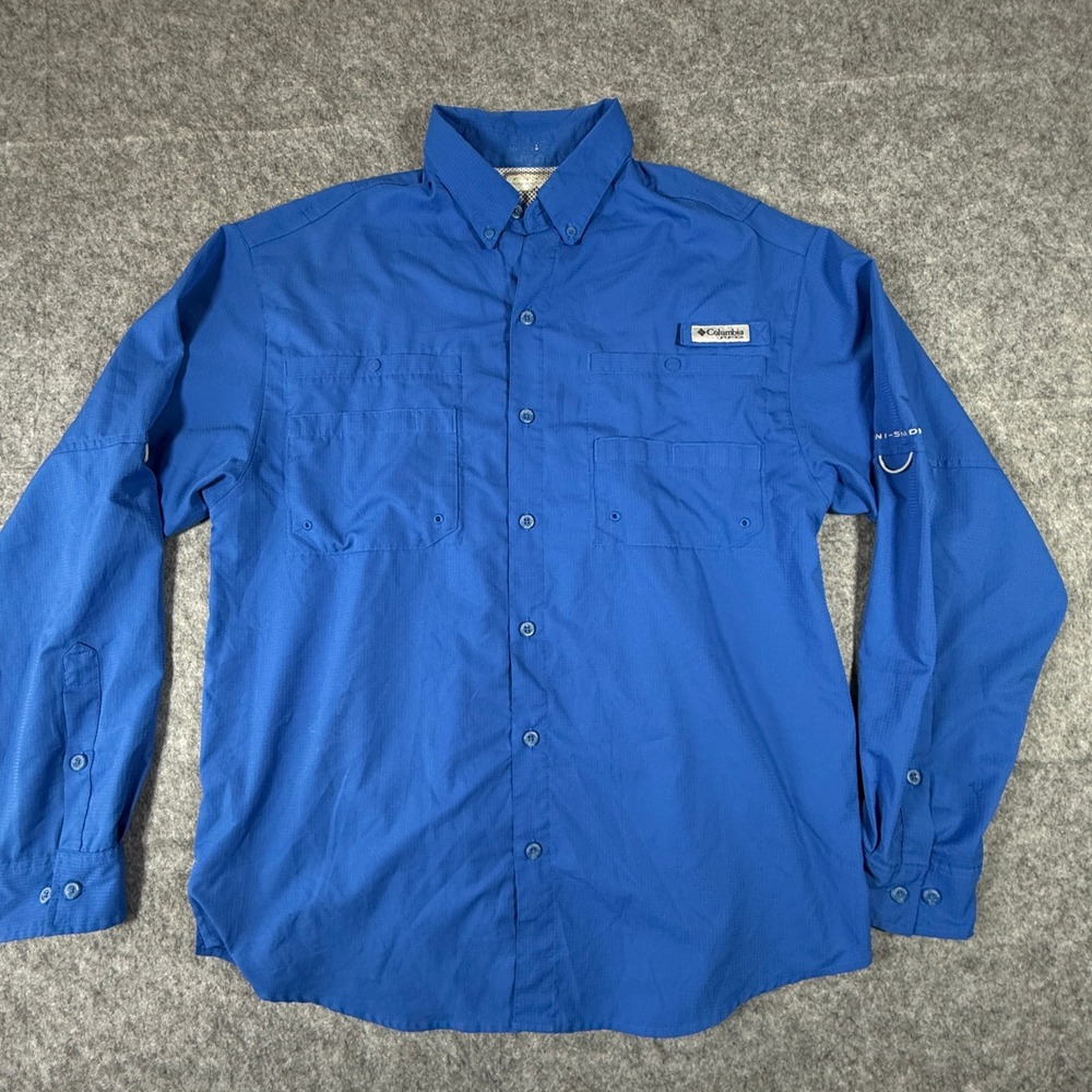 Columbia Fishing Shirt Mens L Blue PFG Long Sleeve Vented Ripstop Omni-Shade